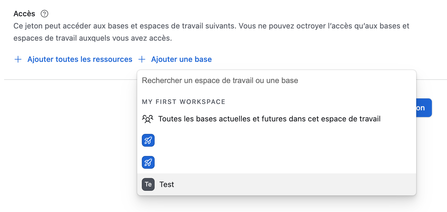 Sélection des bases autorisées pour le token Airtable