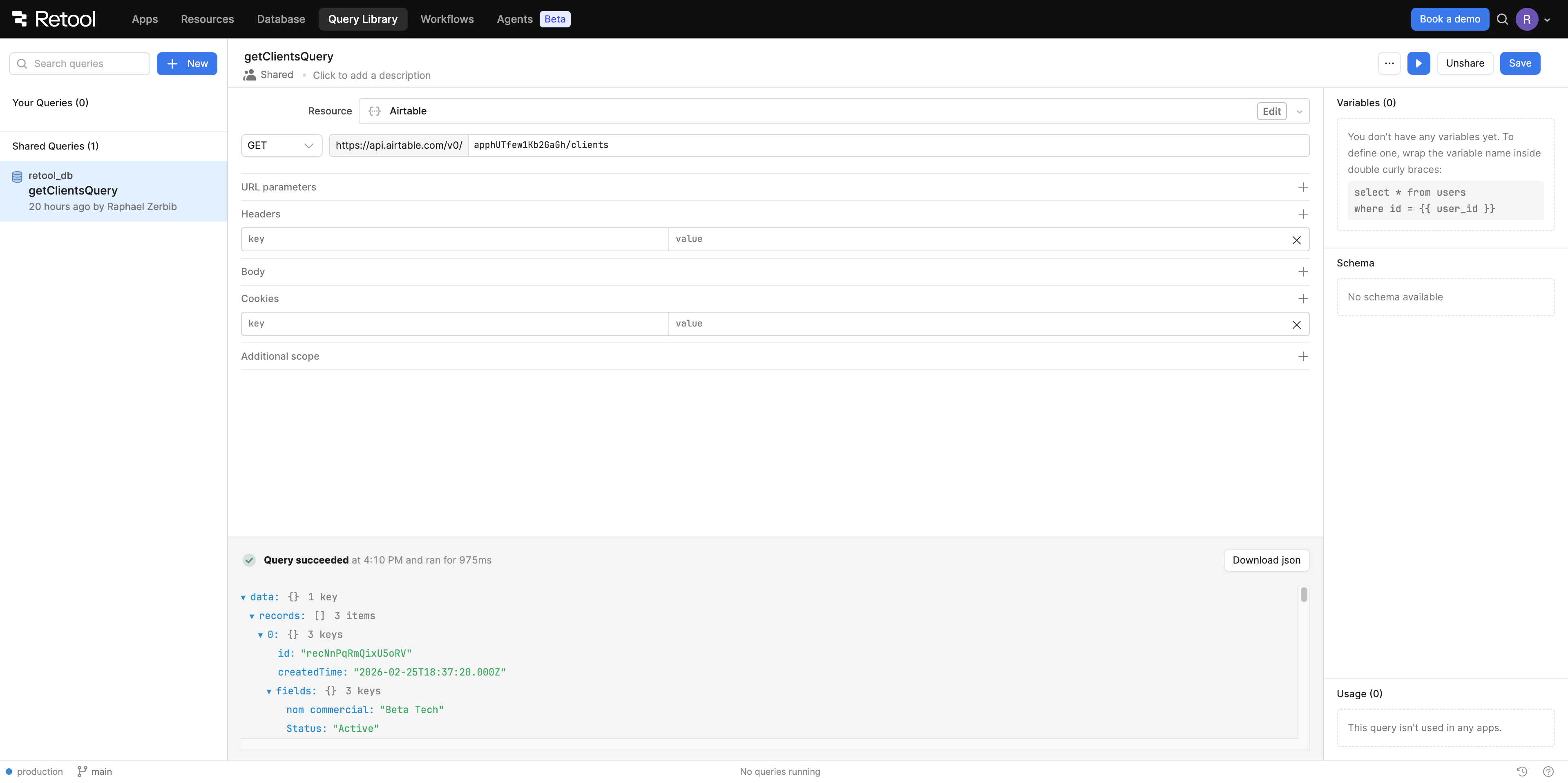 Query Library dans Retool