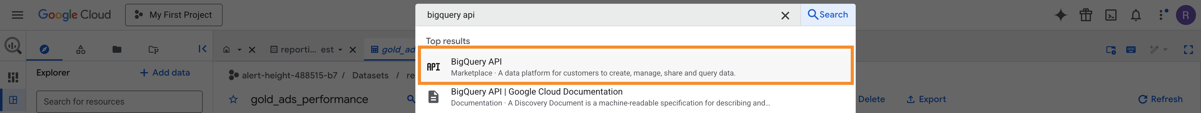 Console GCP — recherche BigQuery API