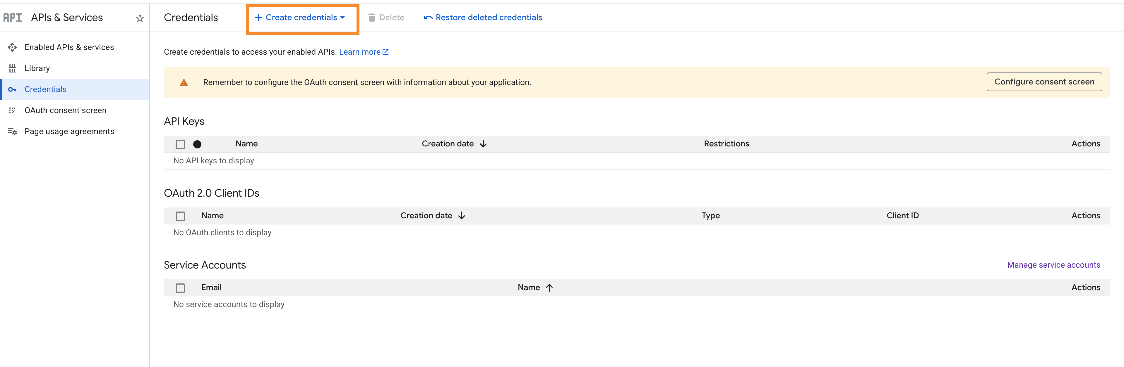 Menu Credentials dans Google Cloud
