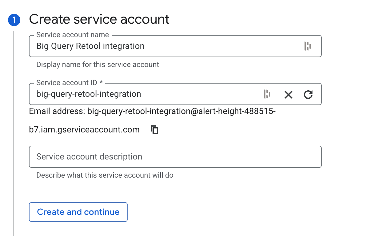 Formulaire de création du service account