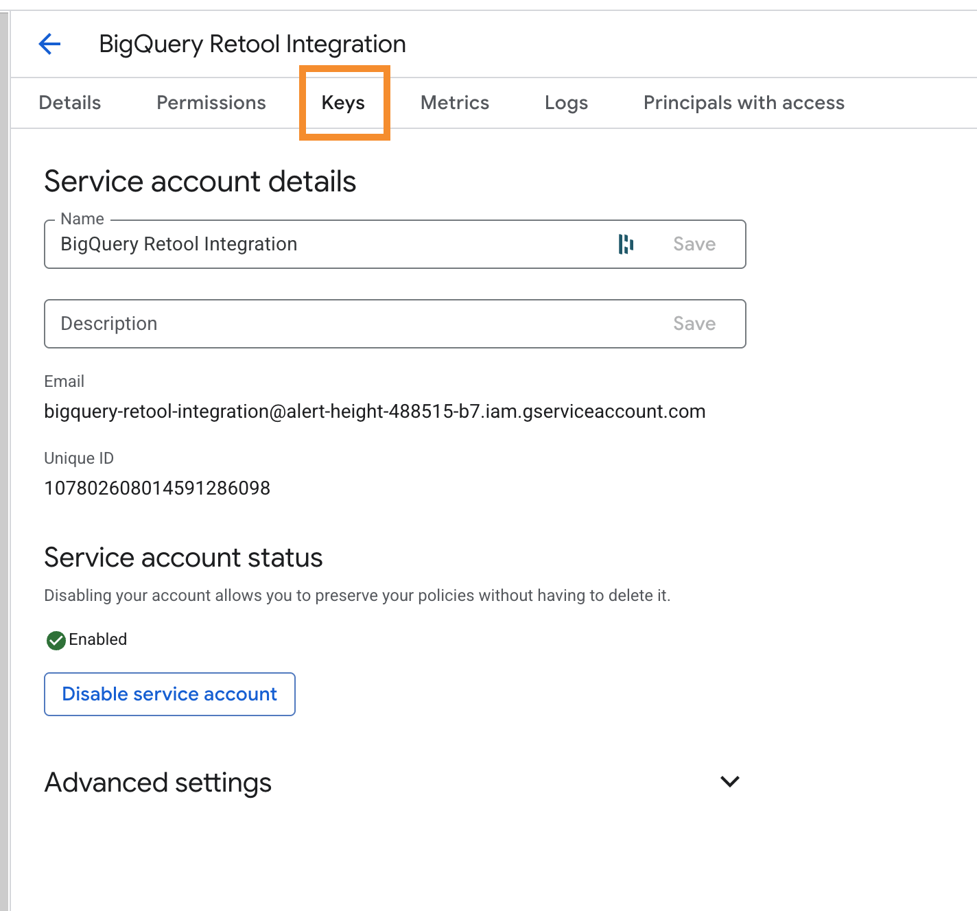 Menu Add key sur le service account