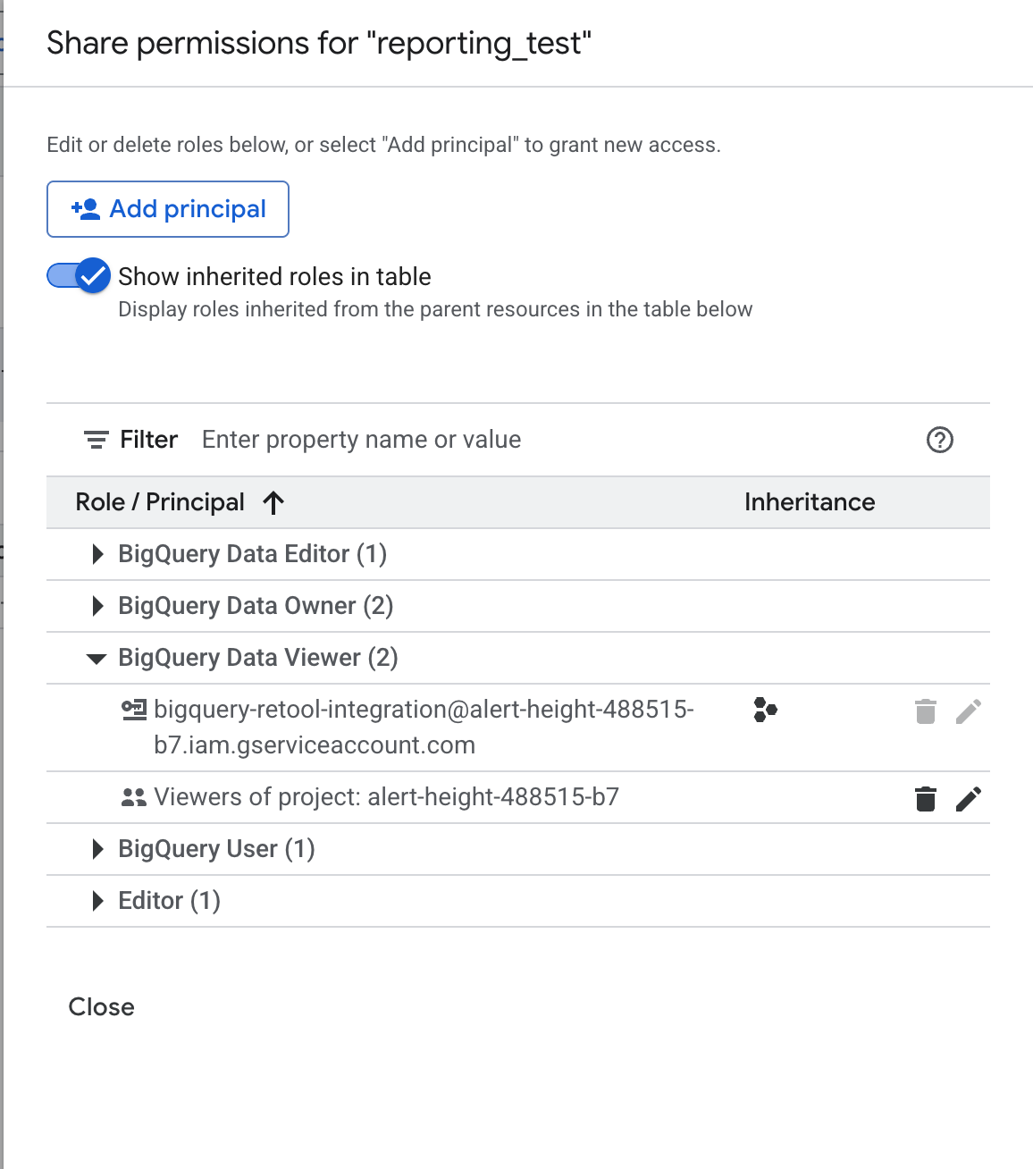 Ajout du service account comme principal du dataset