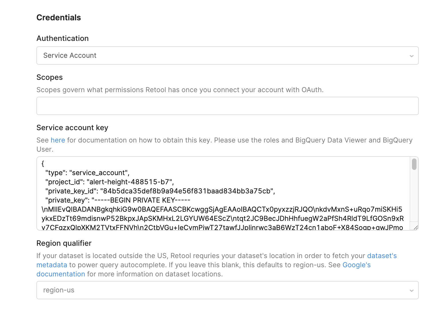 Formulaire de configuration de la ressource BigQuery
