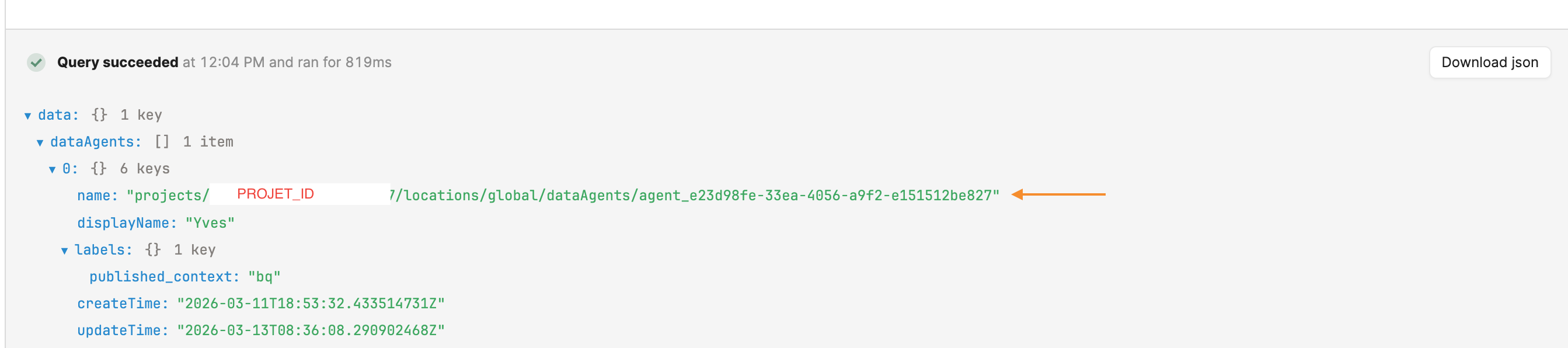 Réponse JSON avec la propriété name de l'agent